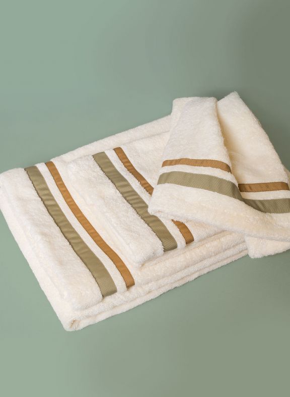 beige luxury bath towels with stripe